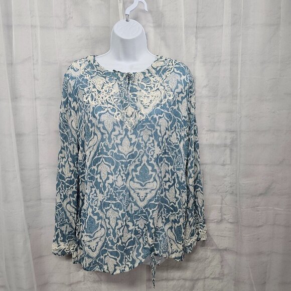 Chico's Blue White Silk Peasant Blouse Sheer Boho Romantic Embroidered 2 (L) - Picture 1 of 14
